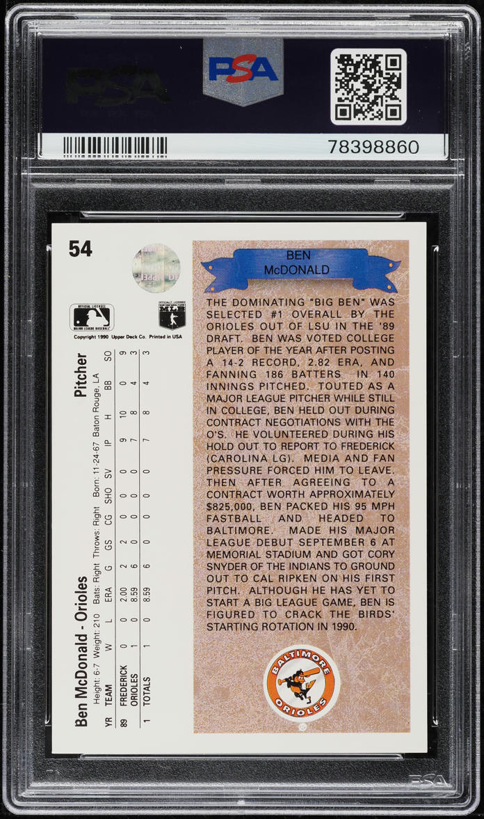 1990 Upper Deck Orioles Logo Ben McDonald ROOKIE #54 PSA 10 GEM MINT
