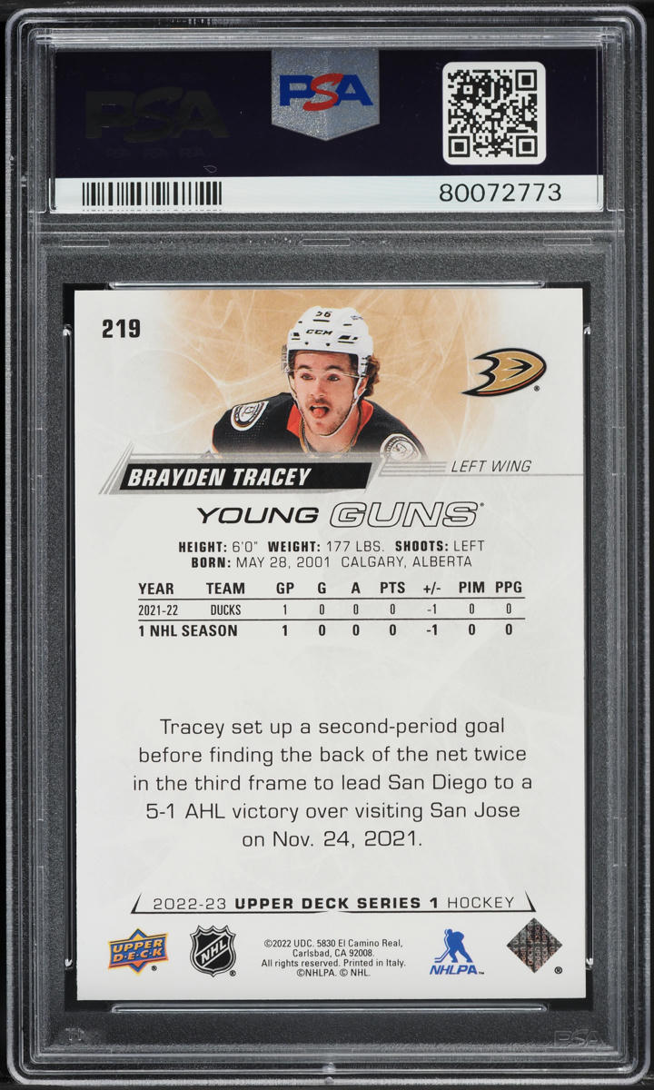 2022 Upper Deck Young Guns Brayden Tracey ROOKIE #219 PSA 7 NRMT