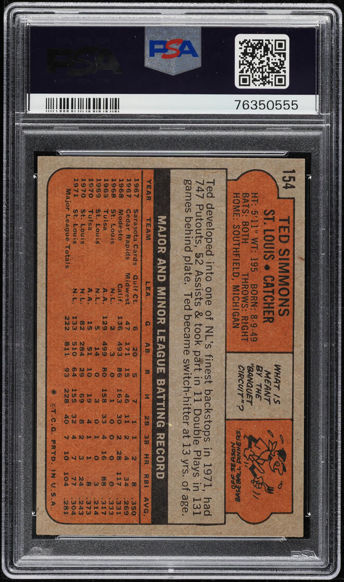 1972 Topps Ted Simmons #154 PSA 8 NM-MT
