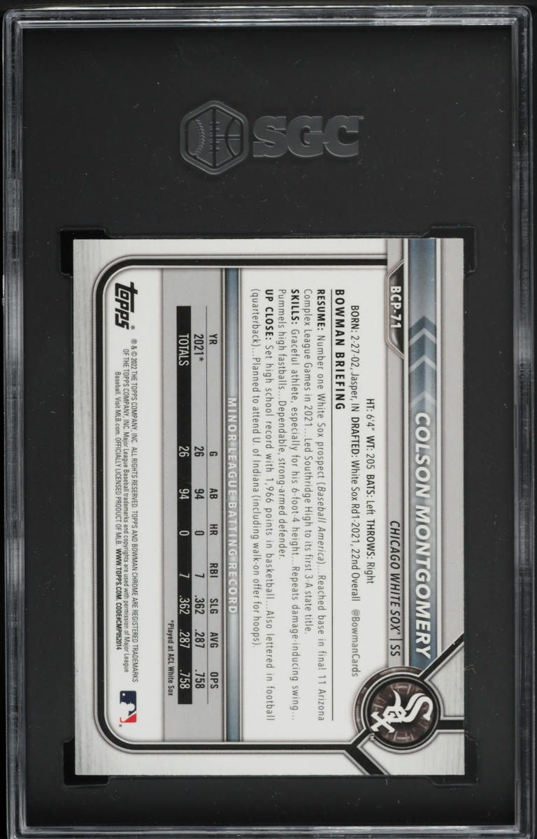 2022 Bowman Chrome Mega Box Colson Montgomery PROSPECT #BCP-71 SGC 10 GEM MINT