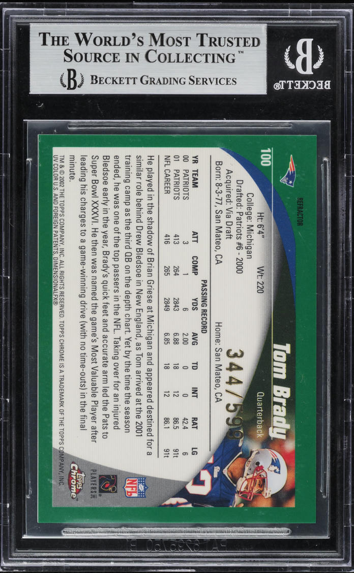 2002 Topps Chrome Black Refractor Tom Brady /599 #100 BGS 8.5 NM-MT+