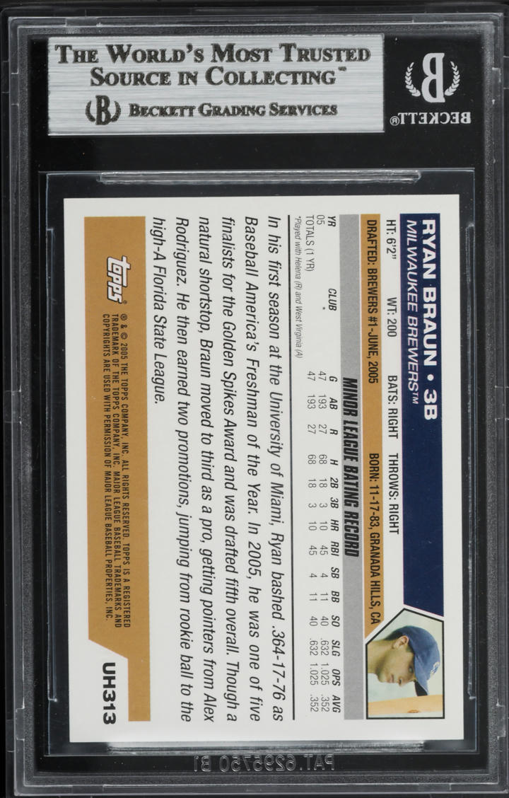 2005 Topps Update Ryan Braun ROOKIE #UH313 BGS 9 MINT