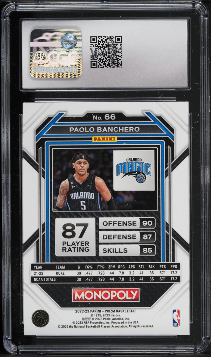 2022 Panini Prizm Monopoly Paolo Banchero ROOKIE #66 CGC 8 NM-MT