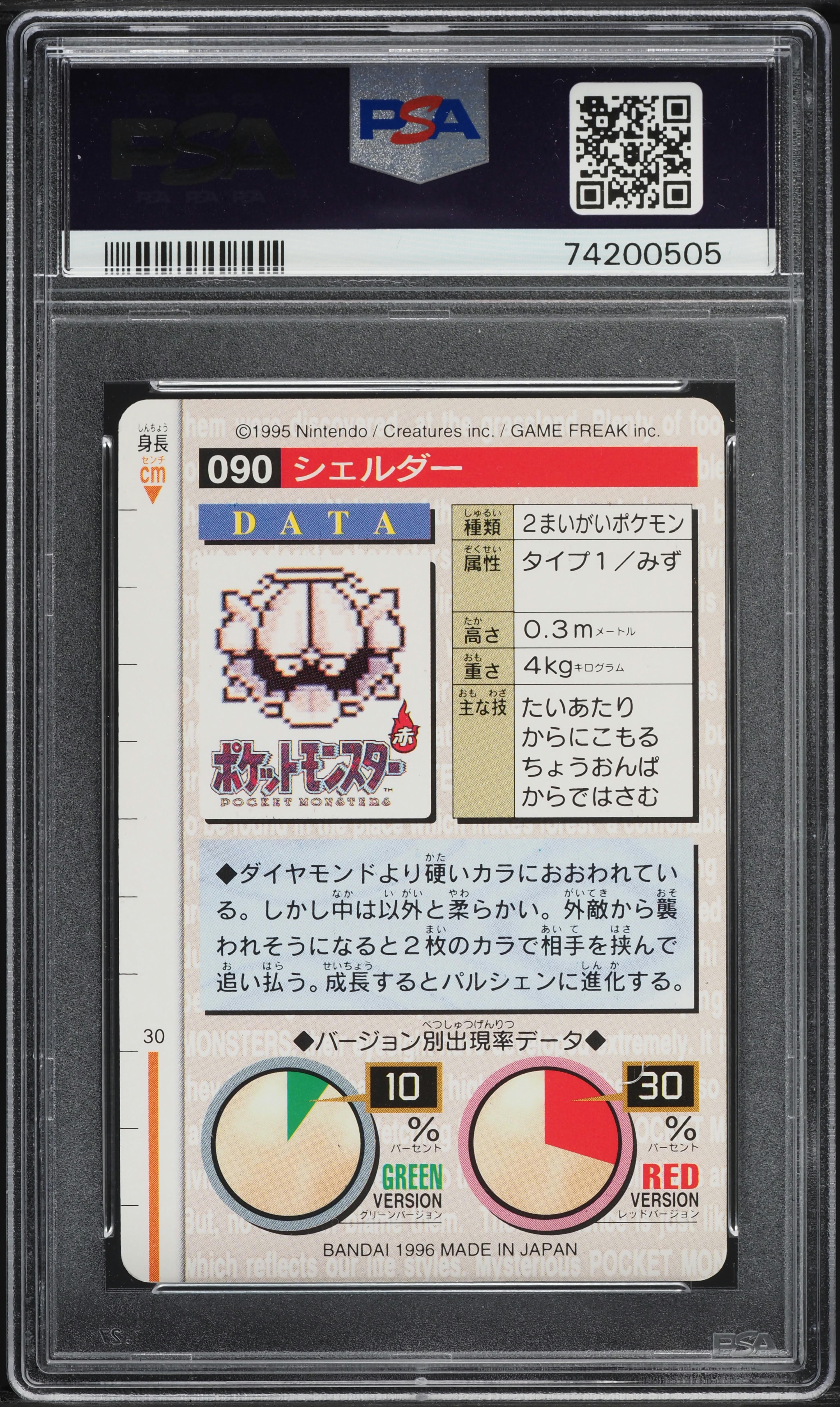1996 Pokemon Japanese Bandai Carddass Vending Shellder #90 PSA 9