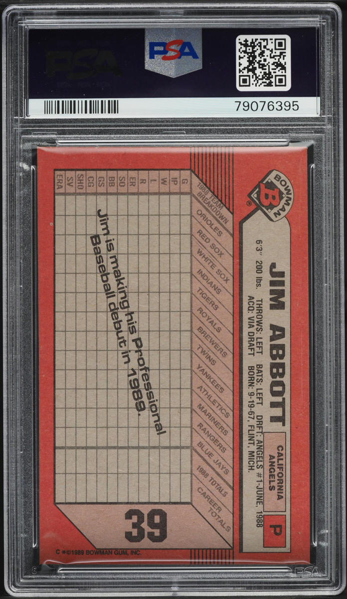 1989 Bowman Jim Abbott ROOKIE #39 PSA 8 NM-MT
