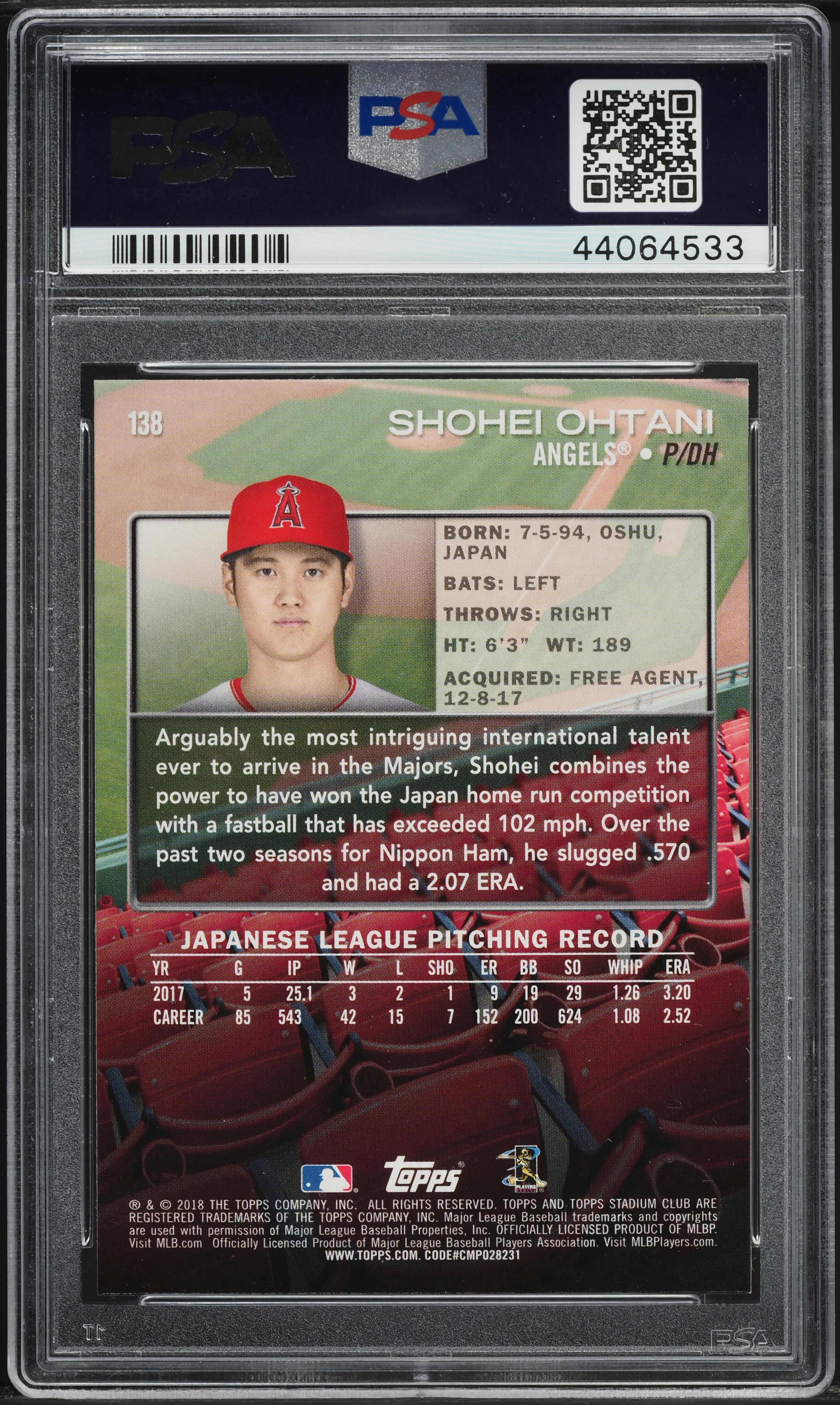 2018 Stadium Club At Podium Shohei Ohtani ROOKIE #138 PSA 10 GEM 