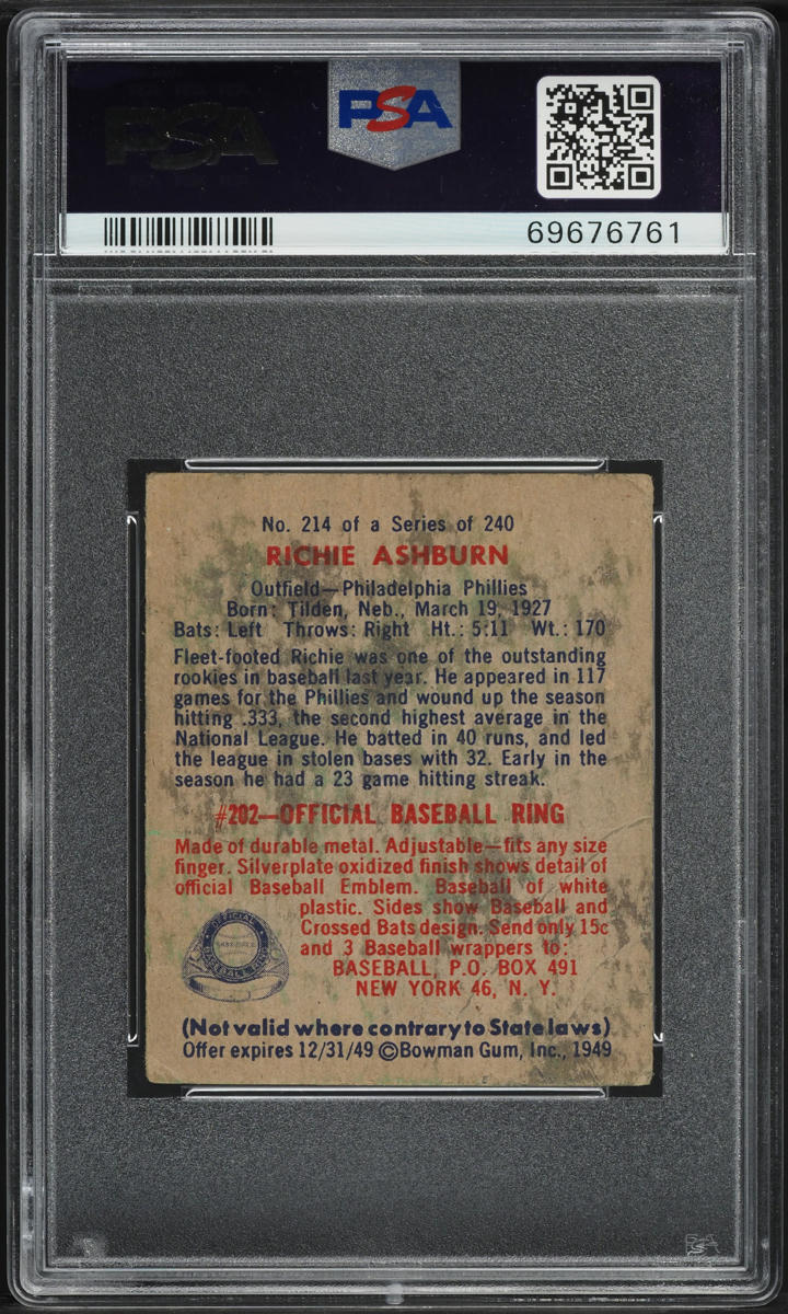 1949 Bowman Richie Ashburn ROOKIE #214 PSA 2 GD