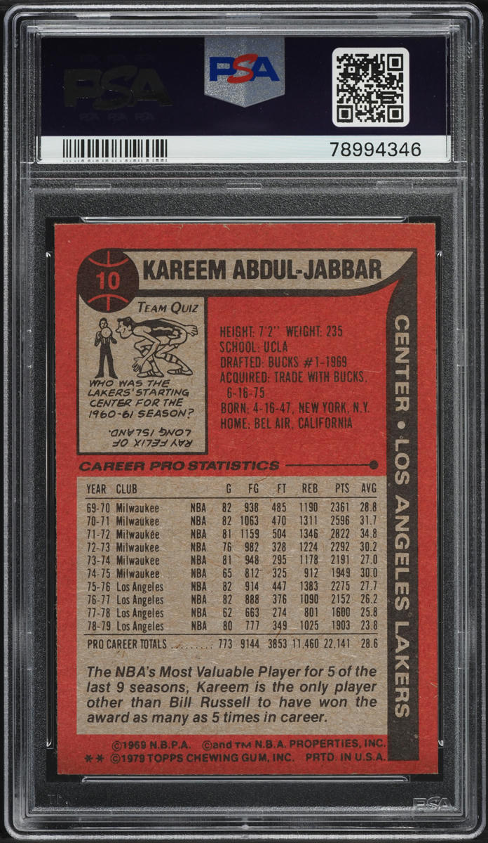 1979 Topps Basketball Kareem Abdul-Jabbar #10 PSA 9 MINT