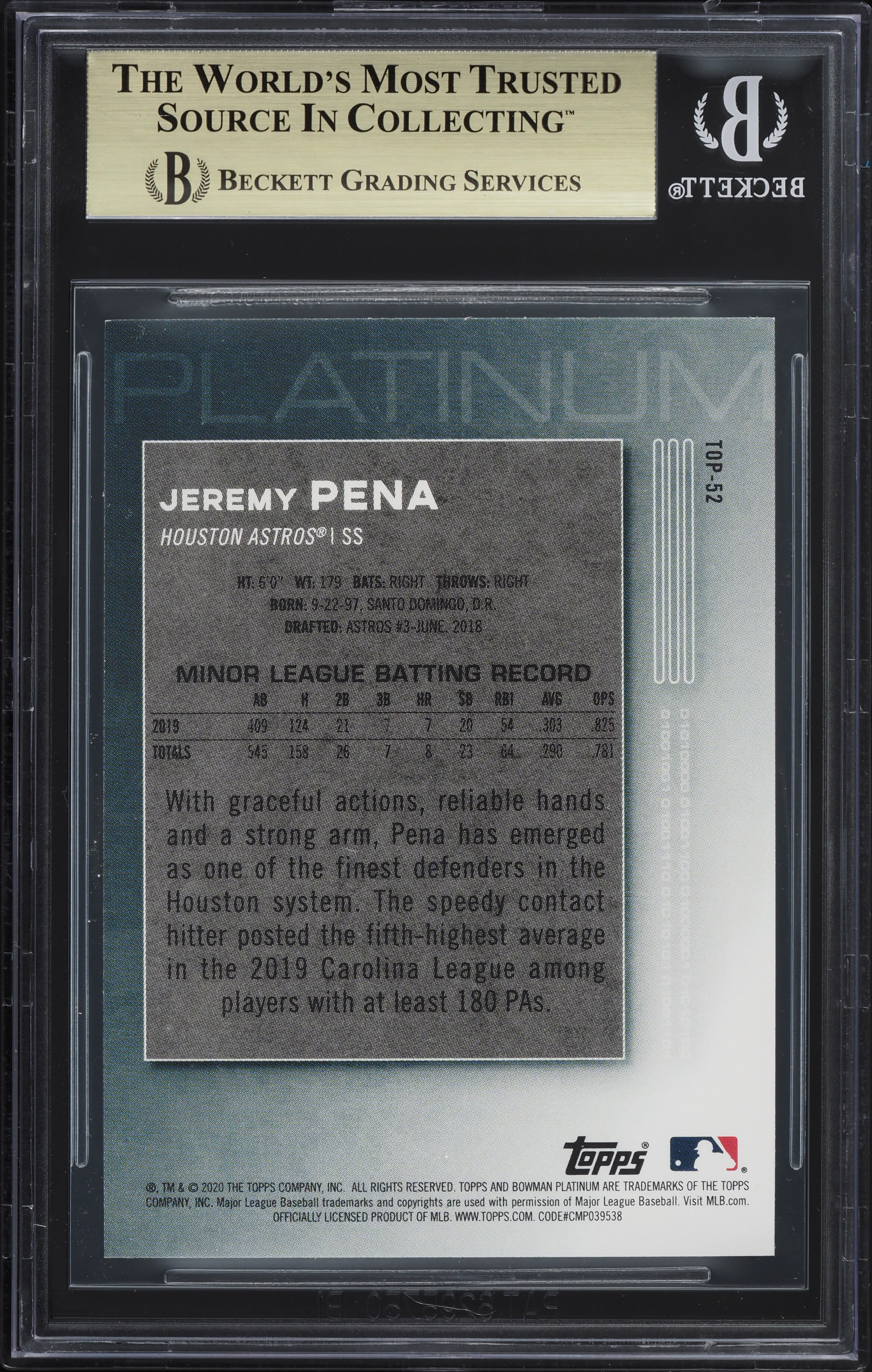 2020 Bowman Platinum Top Prospects Jeremy Pena ROOKIE #TOP-52 BGS