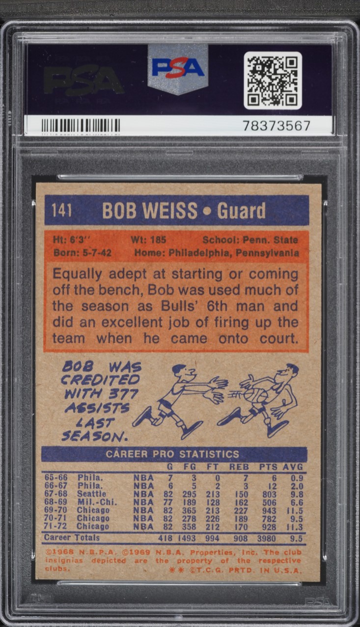 1972 Topps Basketball Bob Weiss #141 PSA 8 NM-MT