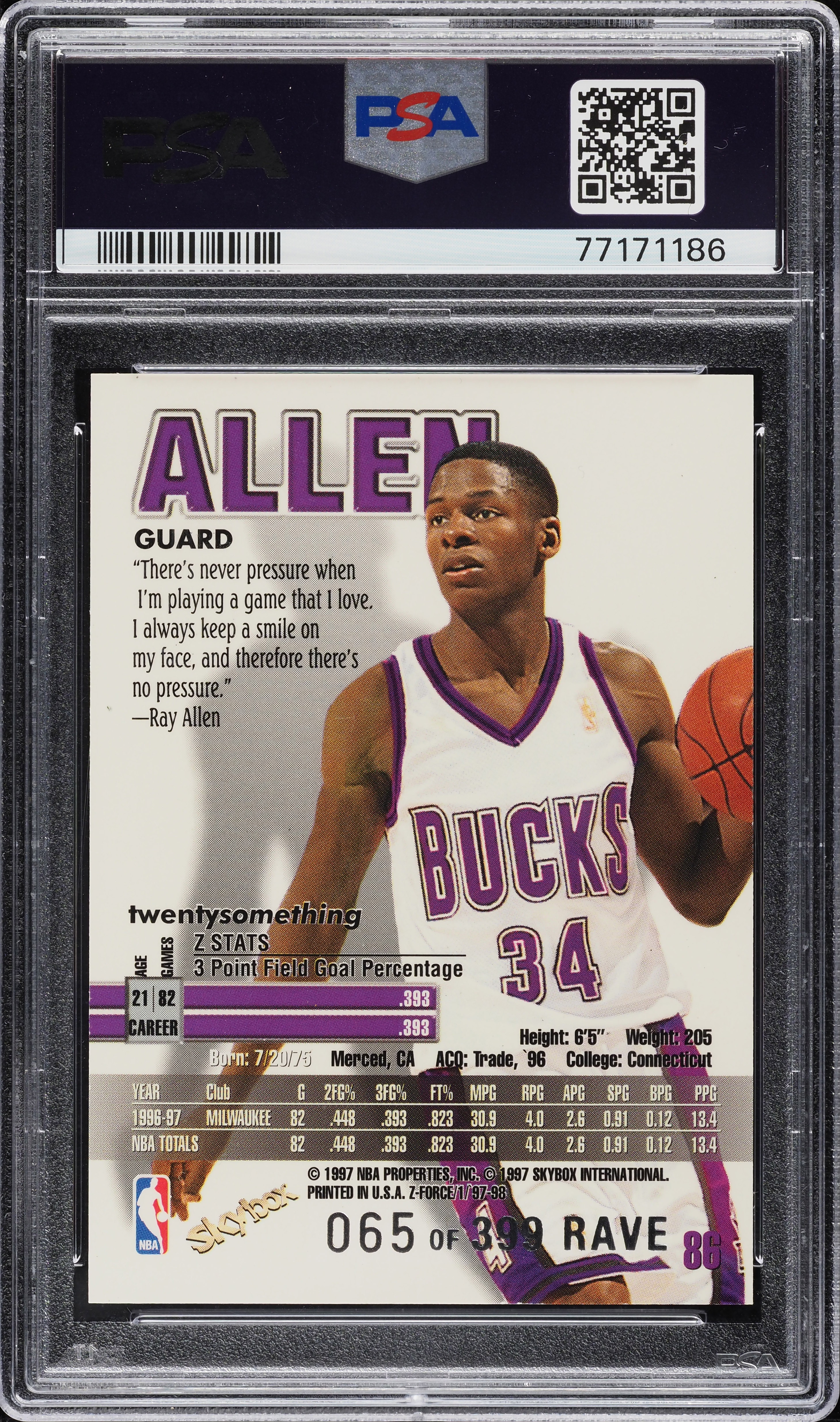 1997 Skybox Z-Force Rave Ray Allen /399 #86 PSA 8 NM-MT on