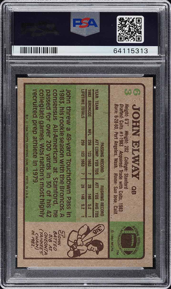 1984 Topps Football John Elway ROOKIE AUTO DNA 10 #63 PSA 8 NM-MT