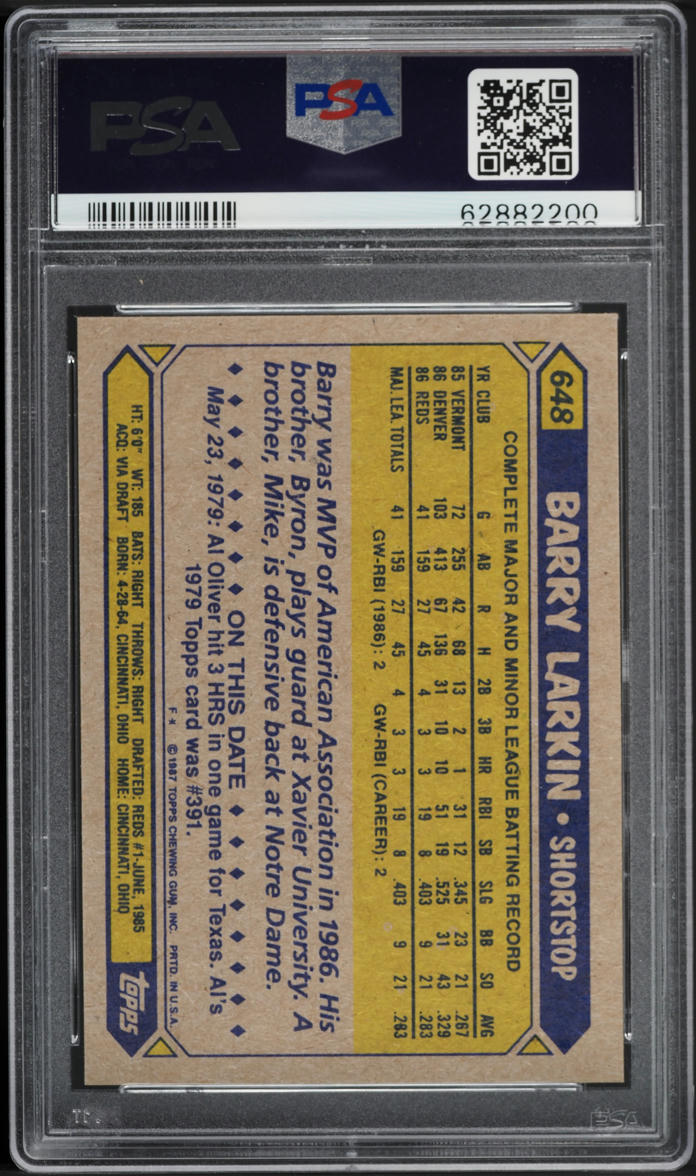 1987 Topps Barry Larkin ROOKIE #648 PSA 10 GEM MINT