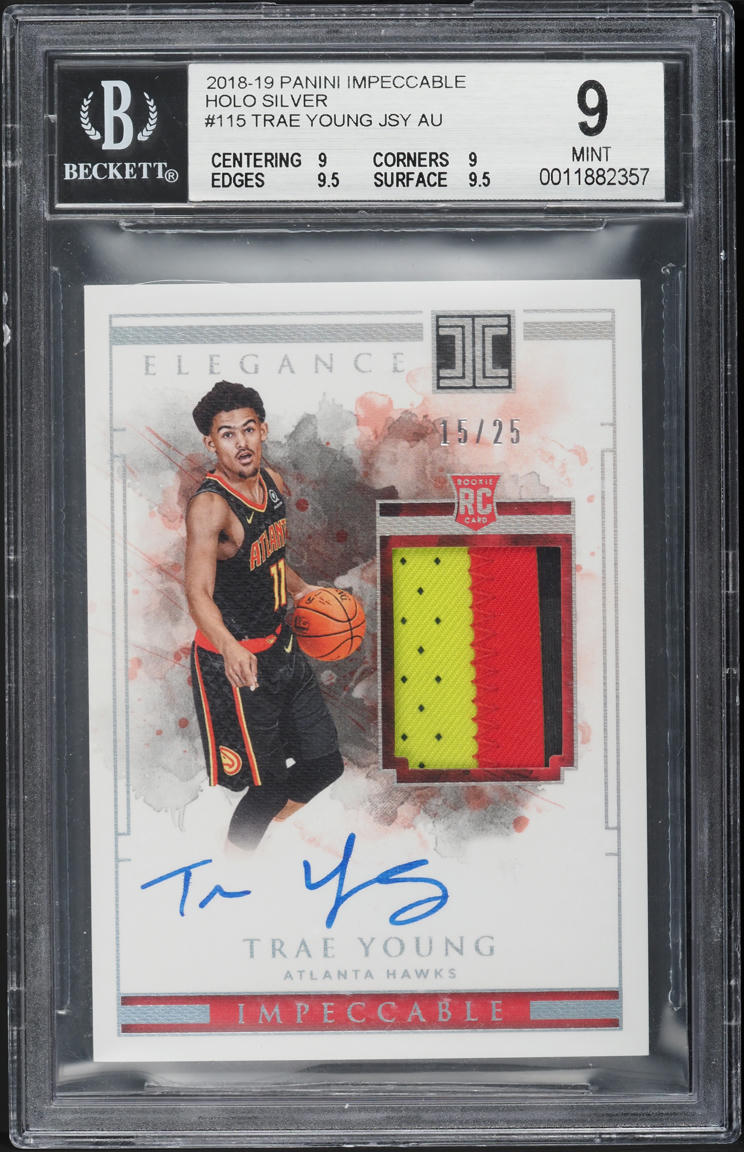 2018 Panini Impeccable Holo Silver Trae Young ROOKIE PATCH AUTO /25 #115 BGS 9