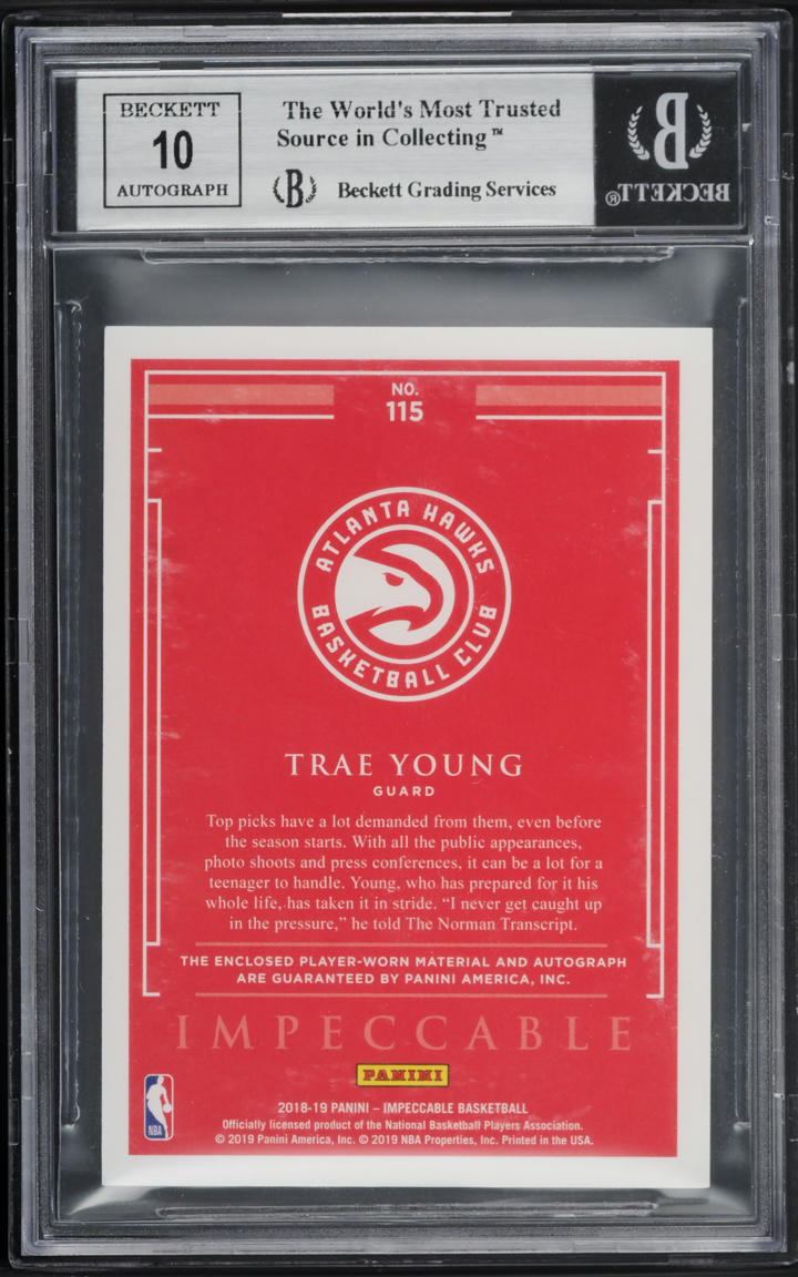 2018 Panini Impeccable Holo Silver Trae Young ROOKIE PATCH AUTO /25 #115 BGS 9