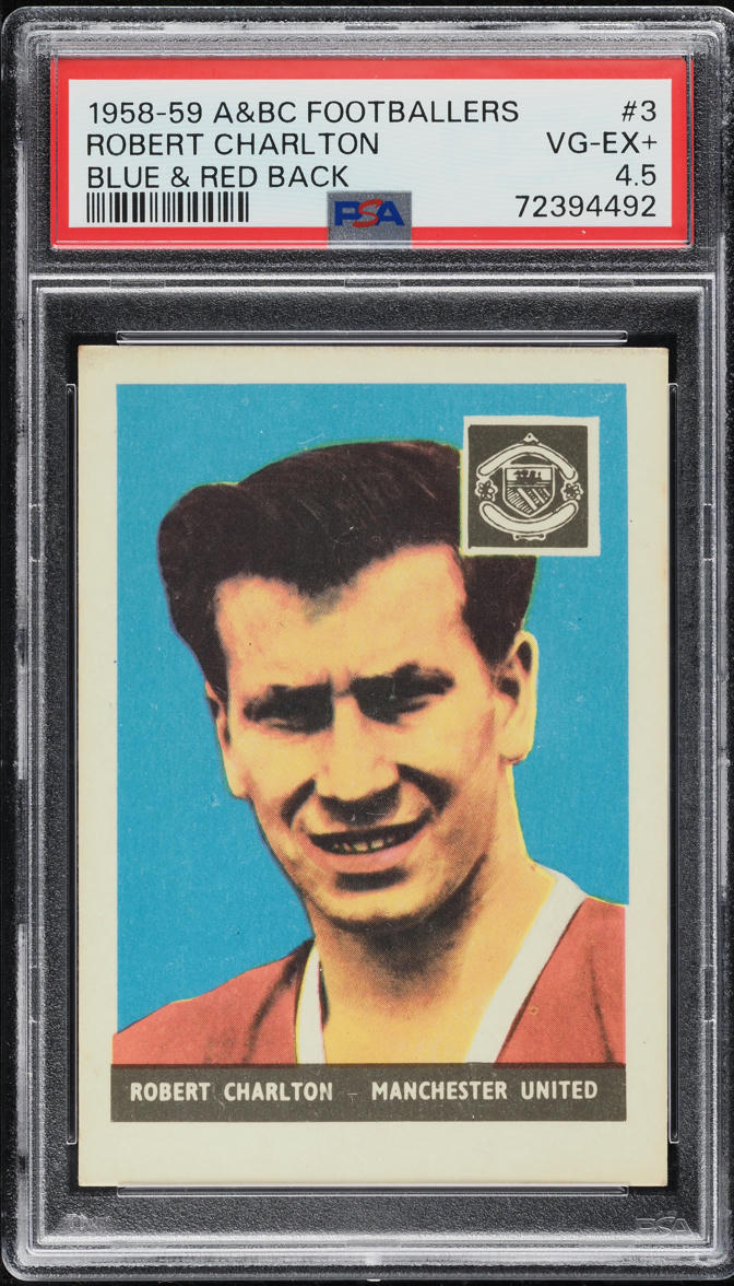 1958 A&BC Footballers Bobby Charlton ROOKIE, BLUE & RED BACK #3 PSA 4.5 VGEX+