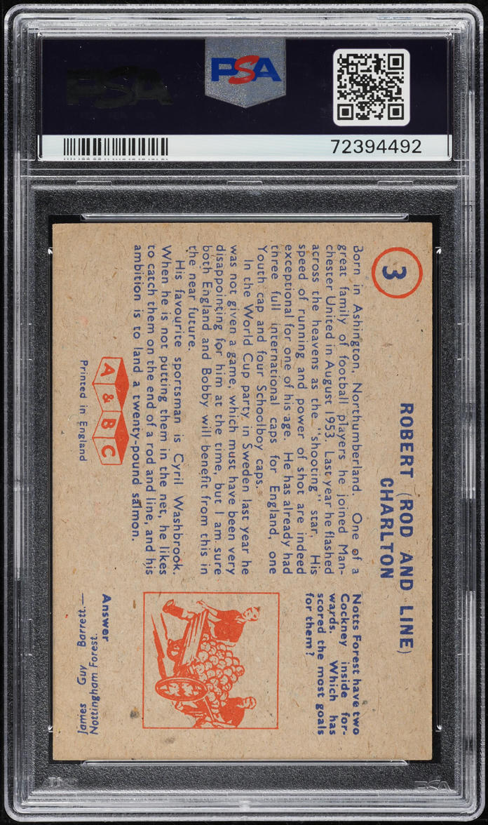 1958 A&BC Footballers Bobby Charlton ROOKIE, BLUE & RED BACK #3 PSA 4.5 VGEX+