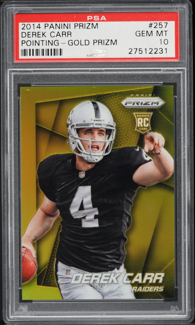2014 Panini Prizm Gold Pointing Derek Carr ROOKIE /10 #257 PSA 10 GEM MINT