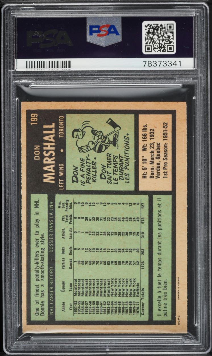 1971 O-Pee-Chee Hockey Don Marshall #199 PSA 8 NM-MT
