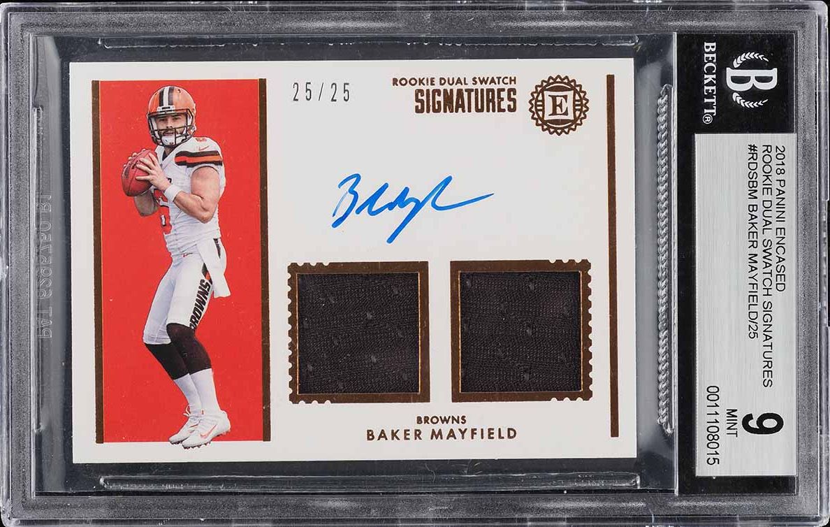 2018 Panini Encased Dual Swatch Baker Mayfield ROOKIE PATCH AUTO 25/25 BGS 9