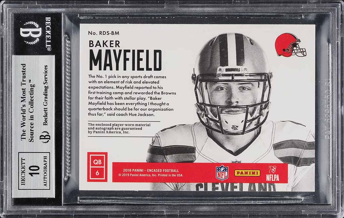 2018 Panini Encased Dual Swatch Baker Mayfield ROOKIE PATCH AUTO 25/25 BGS 9