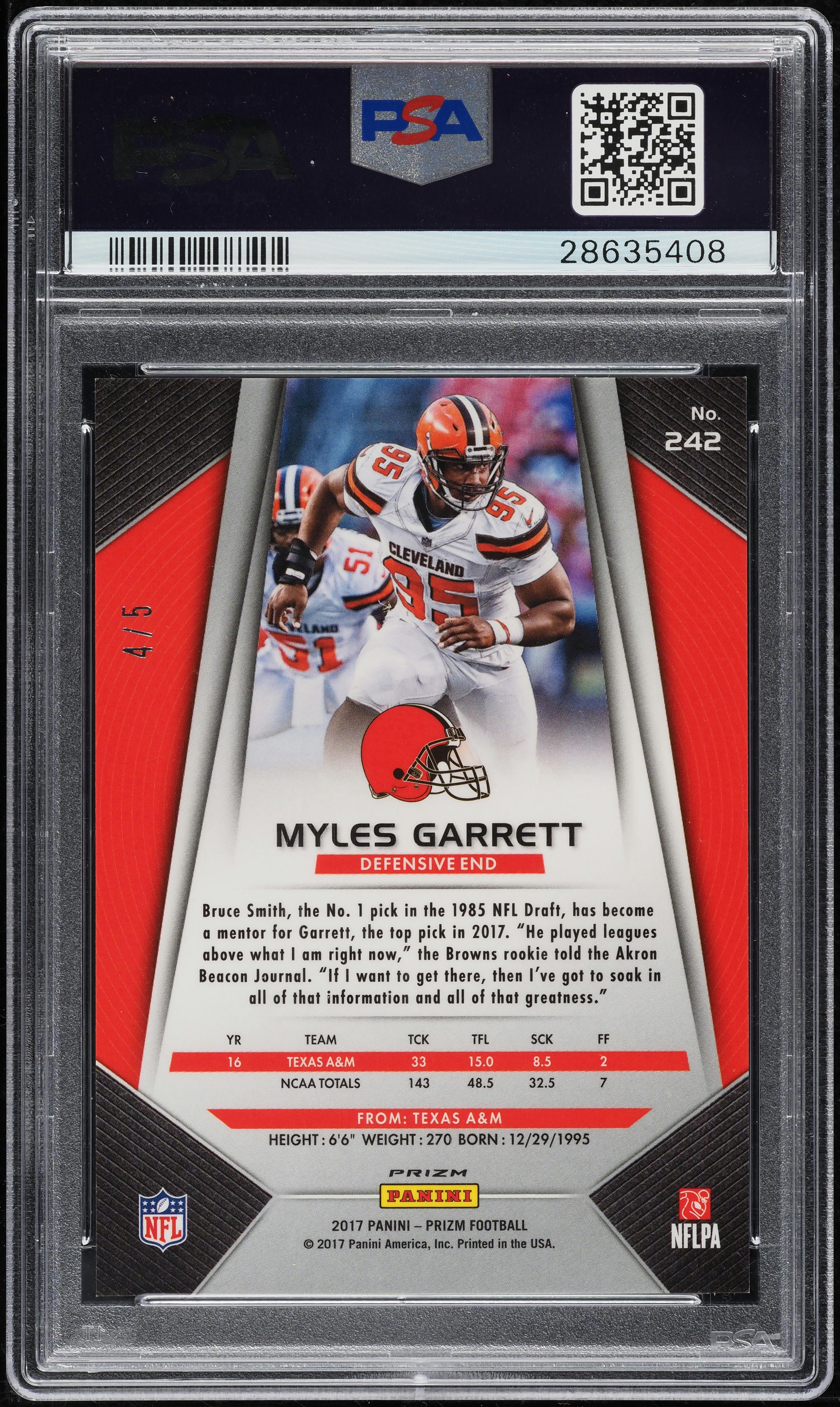 2017 Panini Prizm Gold Vinyl Myles Garrett ROOKIE /5 #242 PSA 10