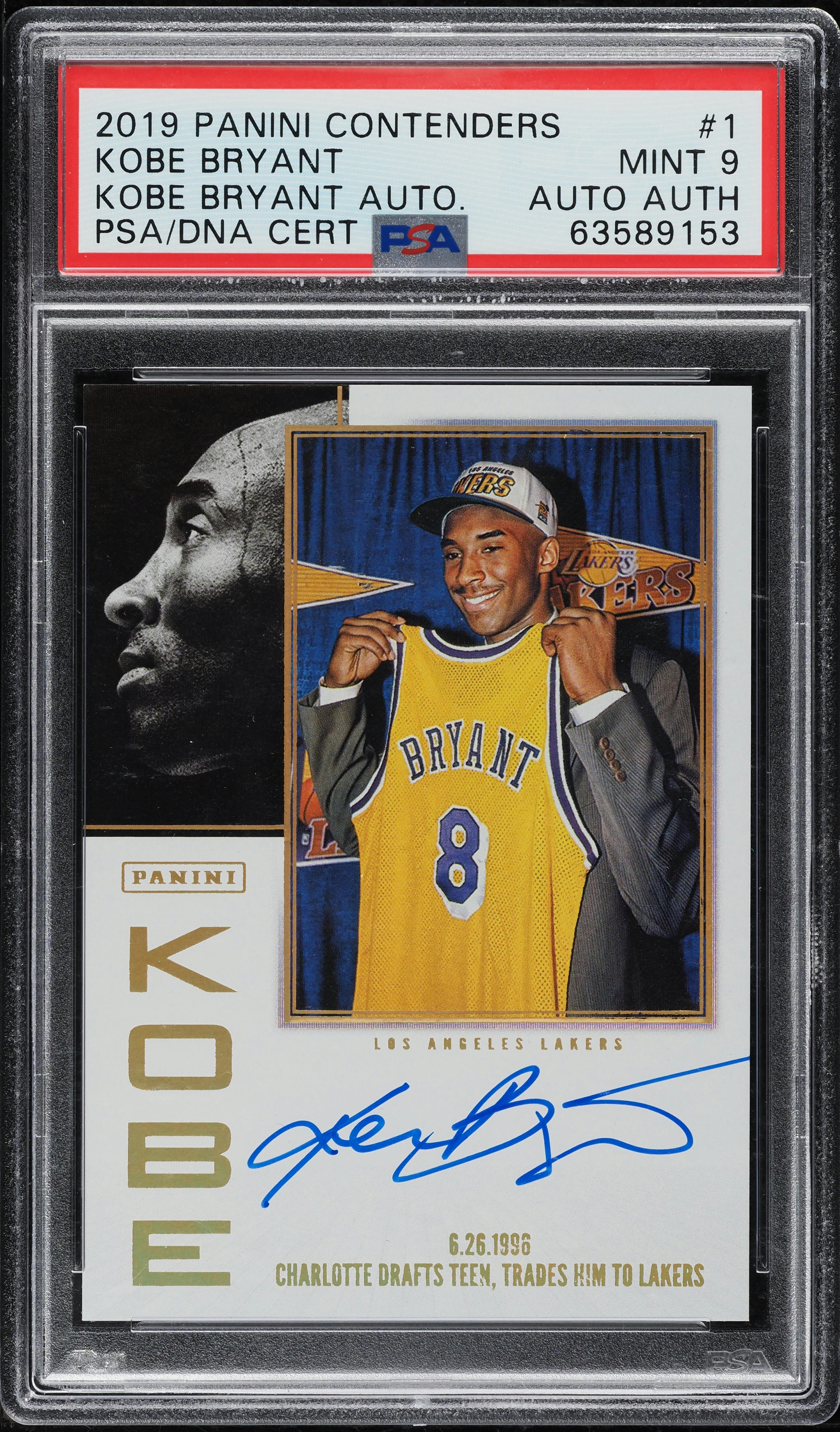 2019 Panini Contenders Kobe Bryant AUTO DNA AUTH #1 PSA 9 MINT on 