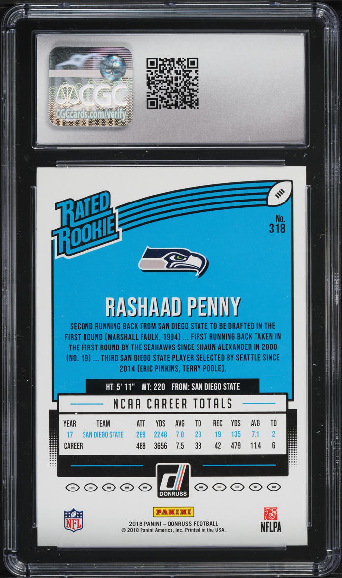 2018 Donruss Football Rashaad Penny ROOKIE #318 CGC 10 GEM MINT