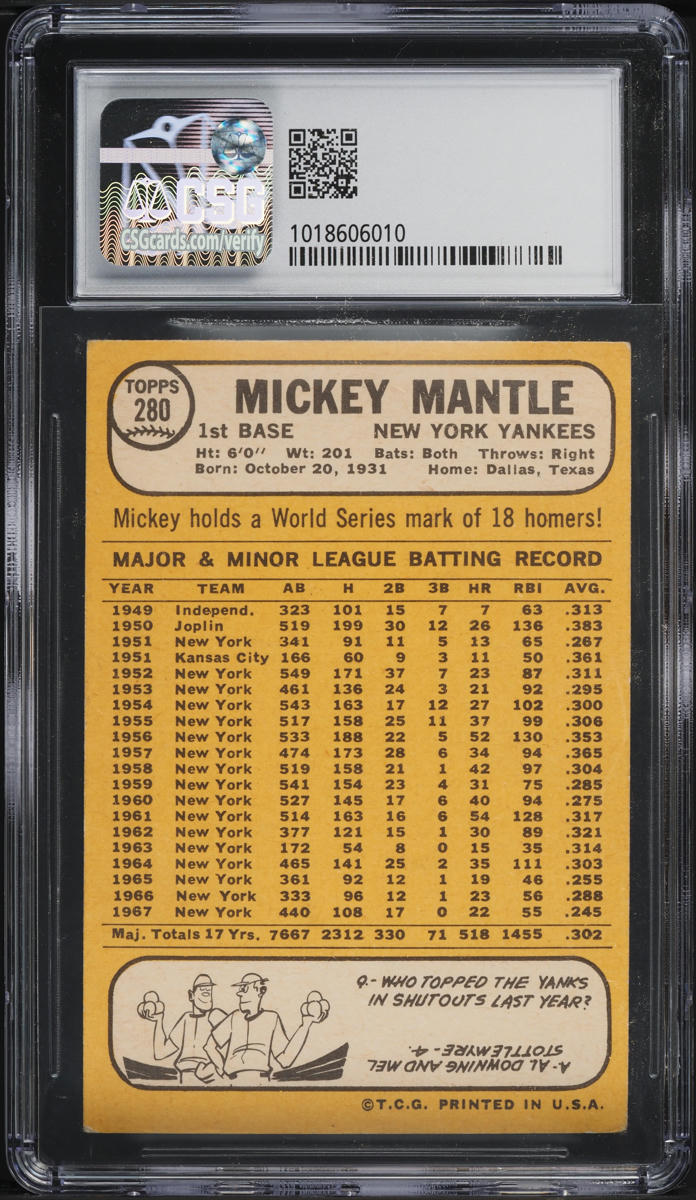 1968 Topps Mickey Mantle #280 CSG 5 EX