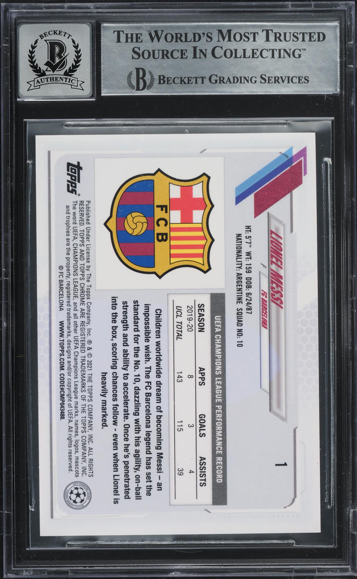 2020 Topps Chrome UEFA Champions League Lionel Messi AUTO #1 BAS BGS AUTH