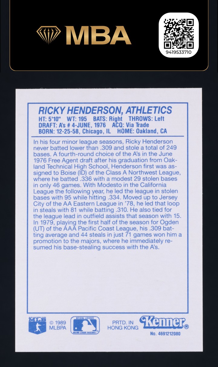 1989 Kenner Starting Lineup Rickey Henderson #61 MBA AUTH