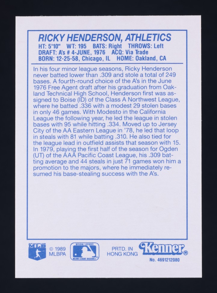 1989 Kenner Starting Lineup Rickey Henderson #61 MBA AUTH