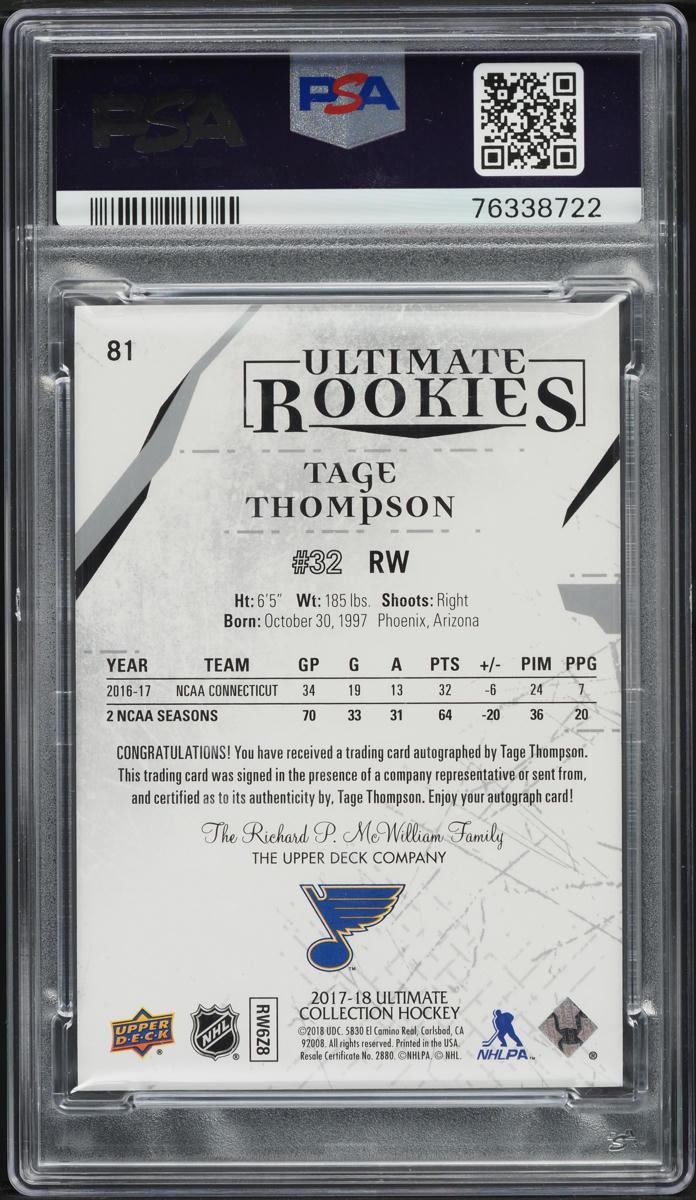 2017 Ultimate Collection Tage Thompson ROOKIE AUTO DNA 10 /299 #81 PSA 9 MINT