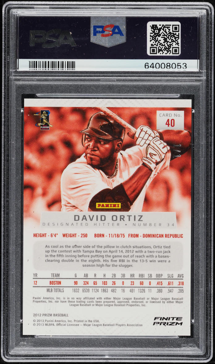 2012 Panini Prizm Finite Black David Ortiz 1/1 #40 PSA 10 GEM MINT