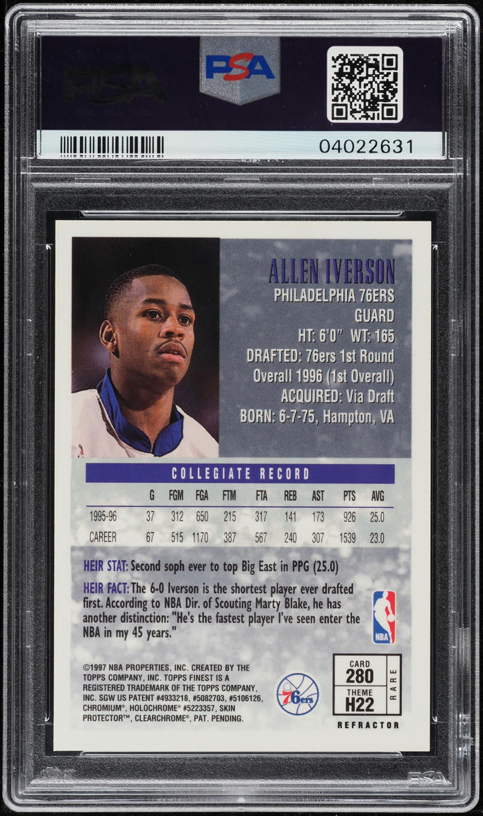 1996 Finest Gold Refractor Allen Iverson ROOKIE #280 PSA 10 GEM MINT