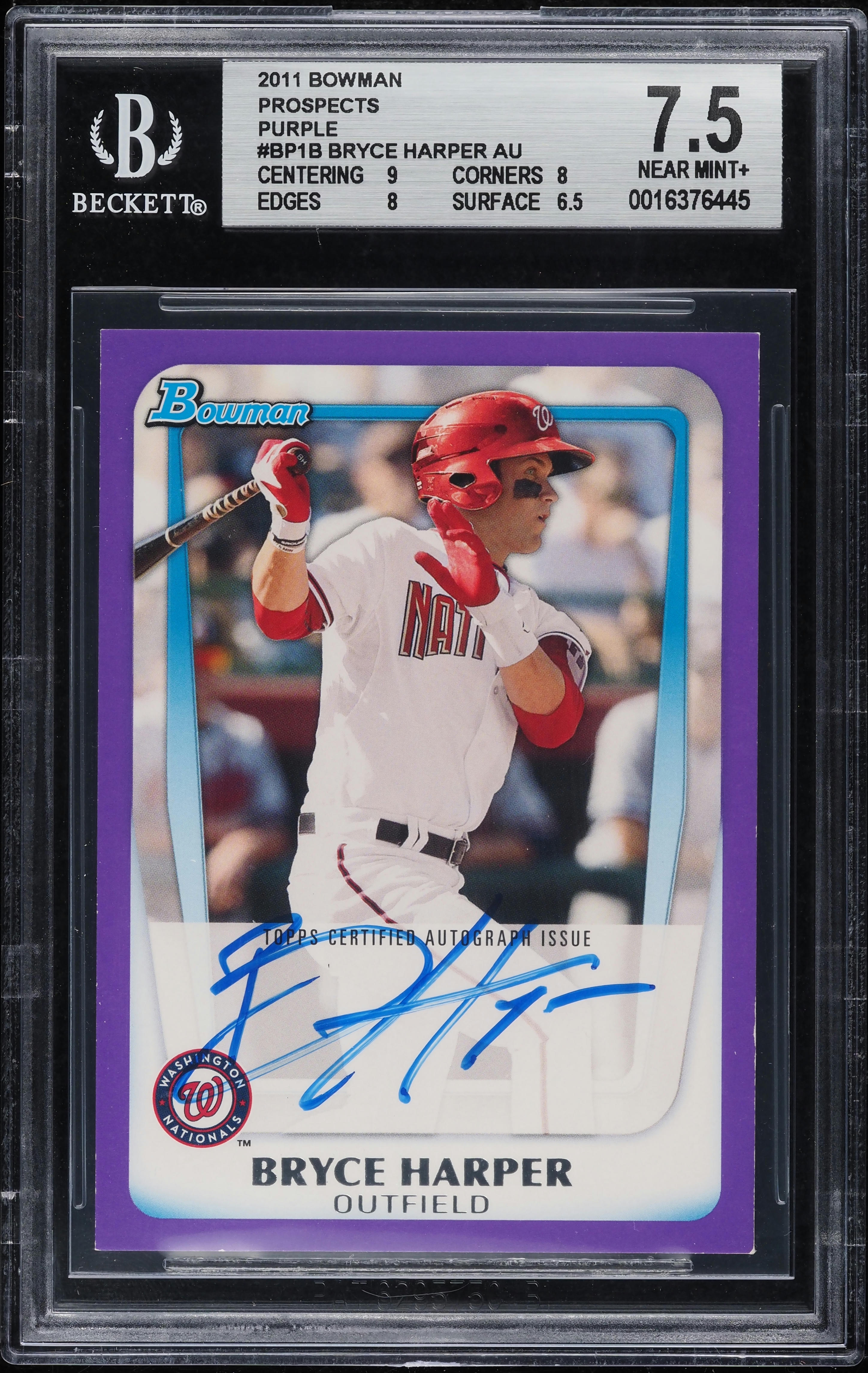 2011 Bowman Purple Bryce Harper PROSPECT AUTO 55/55 #BP1 BGS 7.5