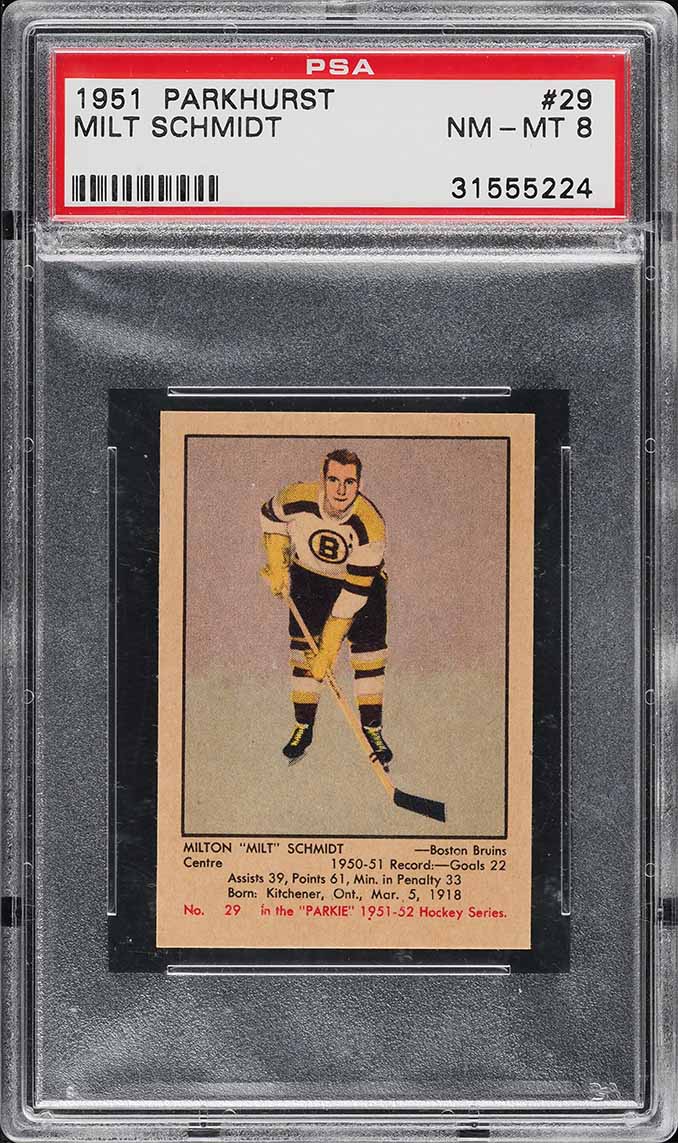 1951 Parkhurst Milt Schmidt ROOKIE #29 PSA 8 NM-MT (PWCC-A)