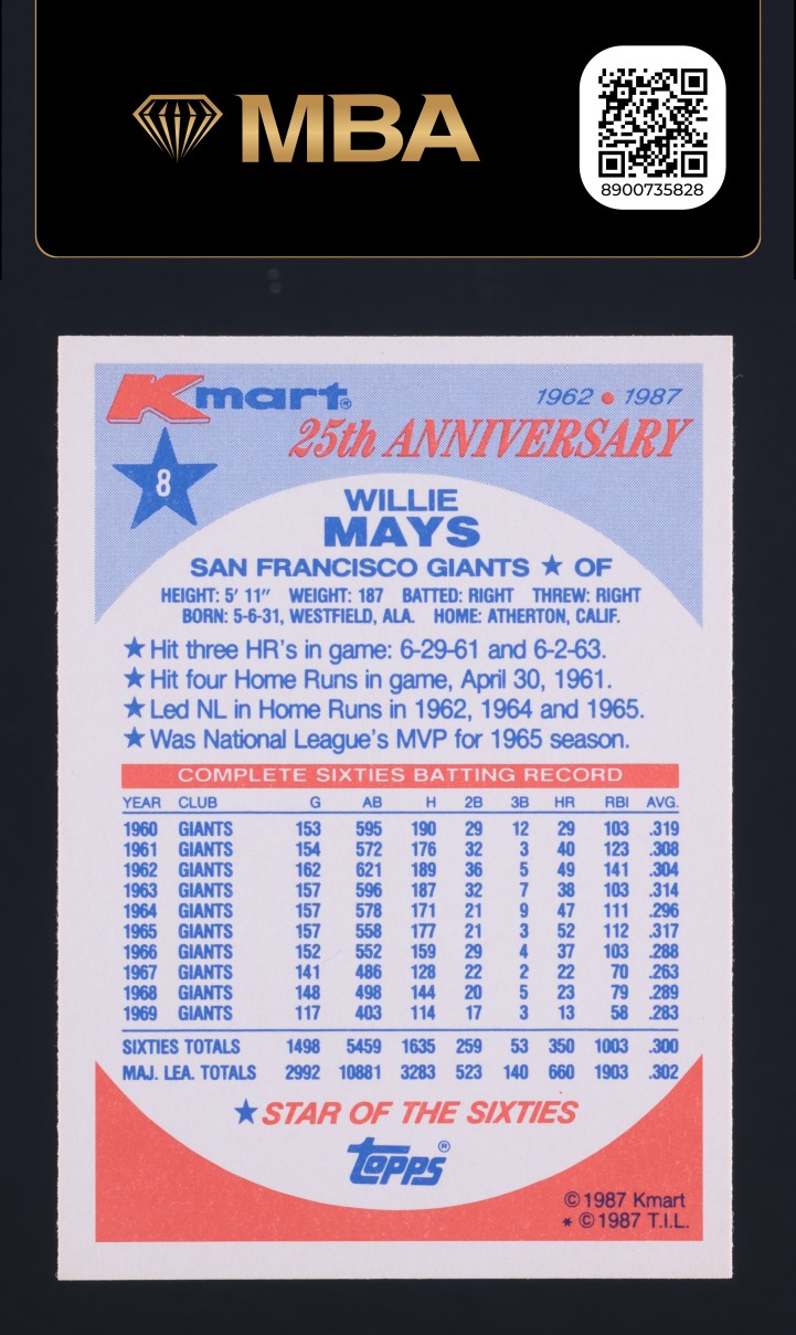 1987 Topps K-Mart Willie Mays #8 MBA AUTH