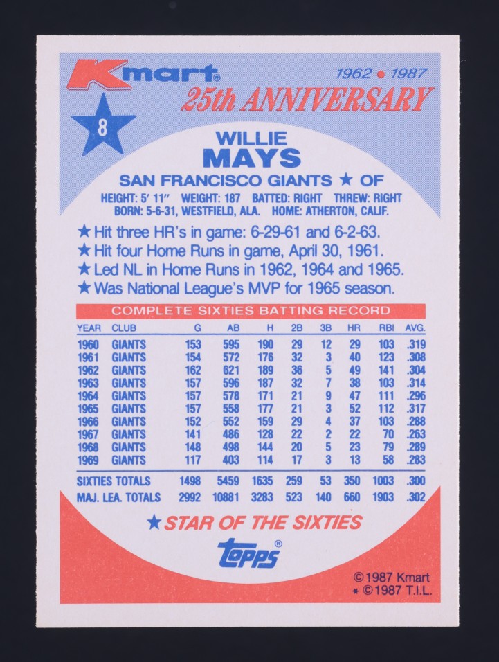 1987 Topps K-Mart Willie Mays #8 MBA AUTH