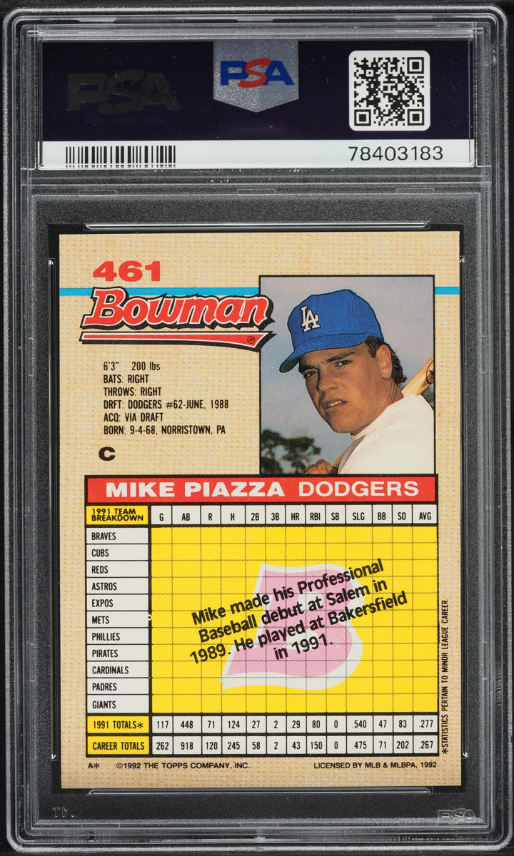 1992 Bowman Mike Piazza ROOKIE #461 PSA 9 MINT on Fanatics Collect