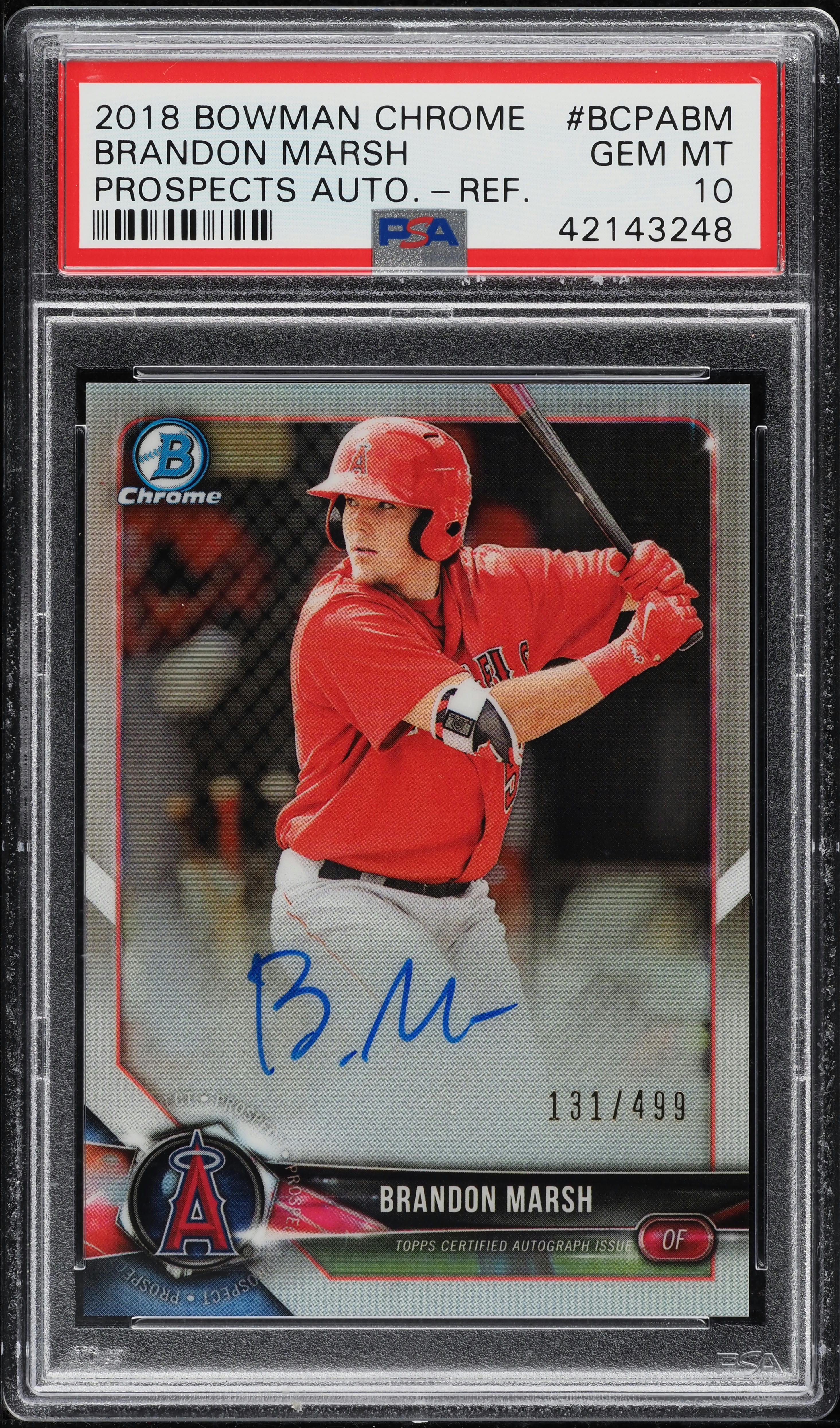 2018 bowman Brandon marsh auto リフ PSA9 2018 Bowman Chrome Refractor Brandon Marsh ROOKIE AUTO /499 #BCPA