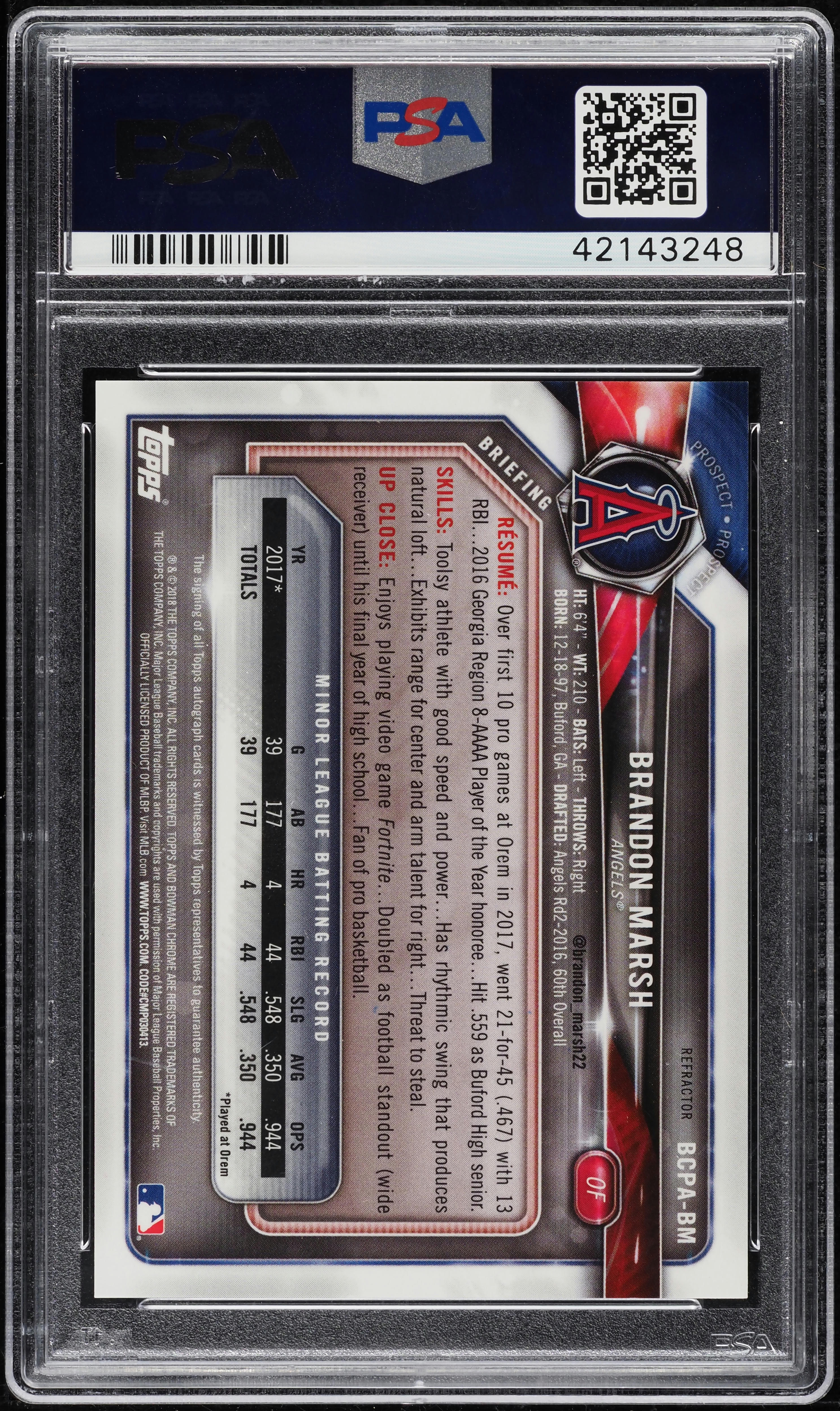 2018 Bowman Chrome Refractor Brandon Marsh ROOKIE AUTO /499 #BCPA 