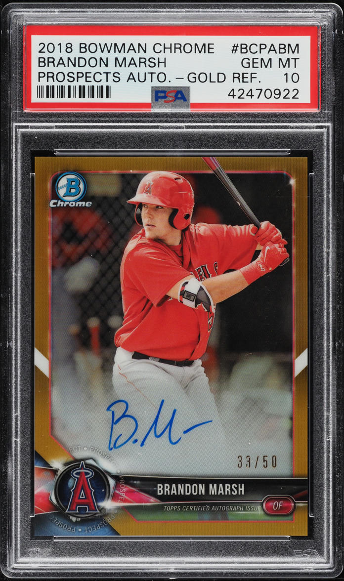 2018 Bowman Chrome Gold Refractor Brandon Marsh ROOKIE AUTO /50 PSA 10 GEM MINT