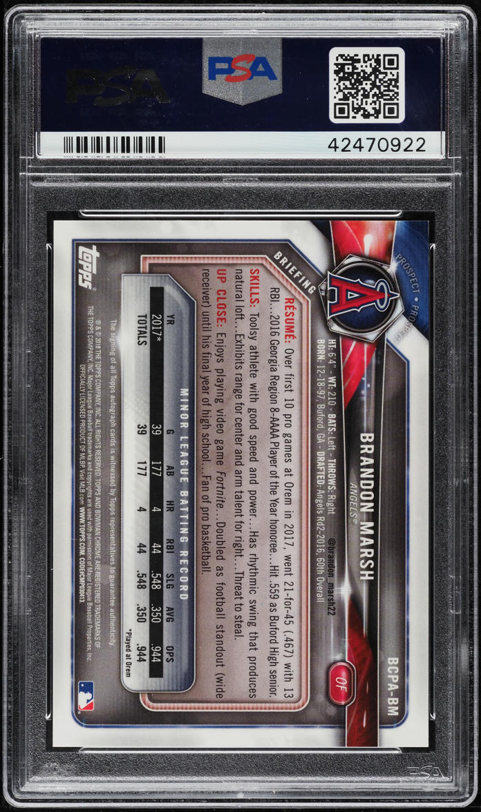 2018 Bowman Chrome Gold Refractor Brandon Marsh ROOKIE AUTO /50 PSA 10 GEM MINT