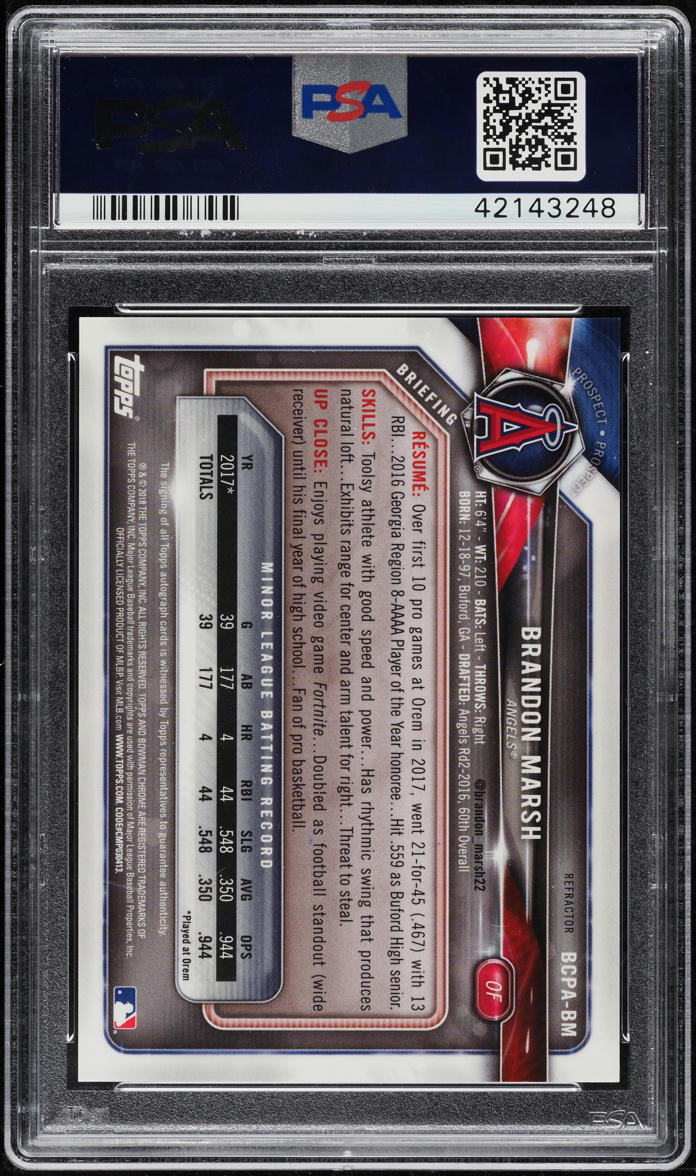 2018 bowman Brandon marsh auto リフ PSA9 2018 Bowman Chrome Refractor Brandon Marsh ROOKIE AUTO /499 #BCPA