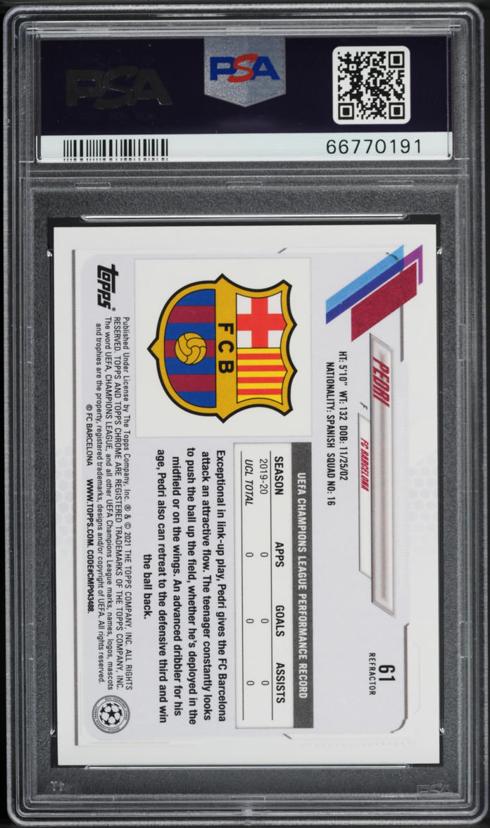 2020 Topps Chrome UEFA Champions League Refractor Pedri ROOKIE #61 PSA 10 GEM