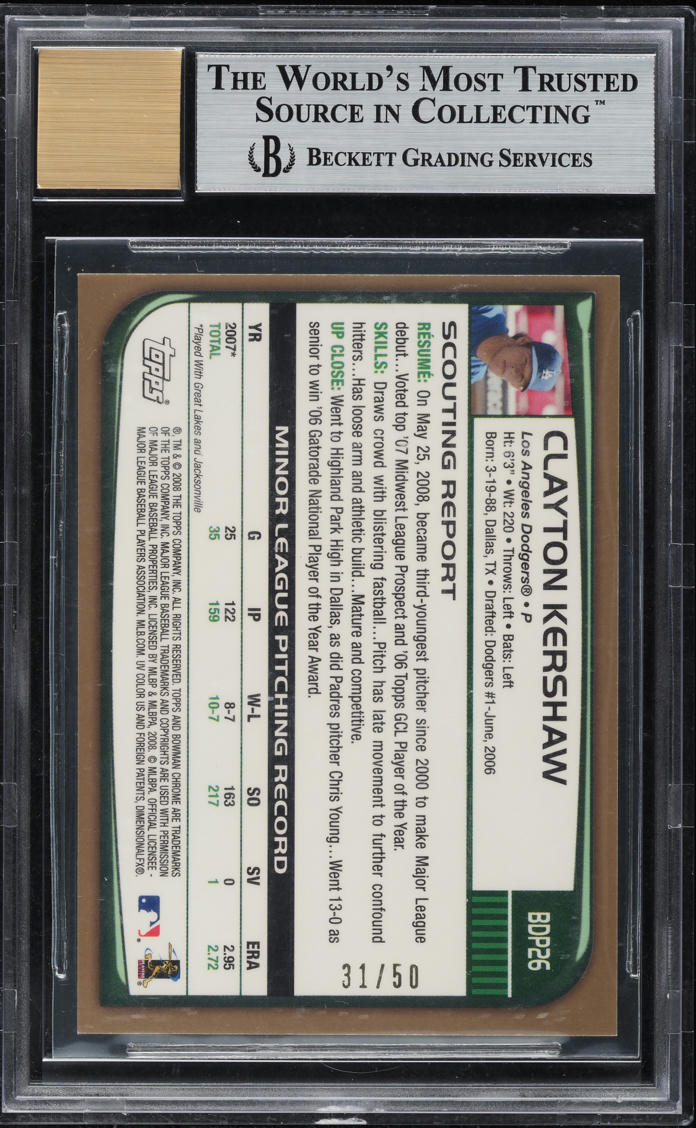 2008 Bowman Chrome Gold Refractor Clayton Kershaw ROOKIE AUTO /50 BGS 9 MINT