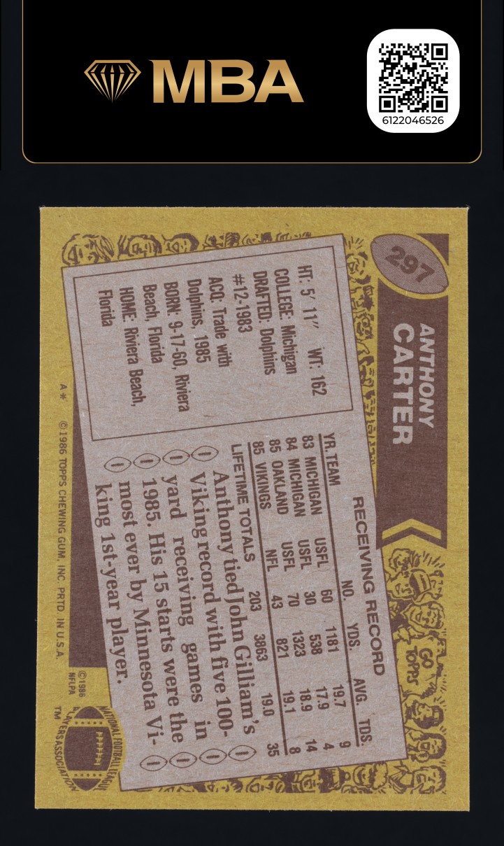 1986 Topps Football Anthony Carter ROOKIE #297 MBA AUTH