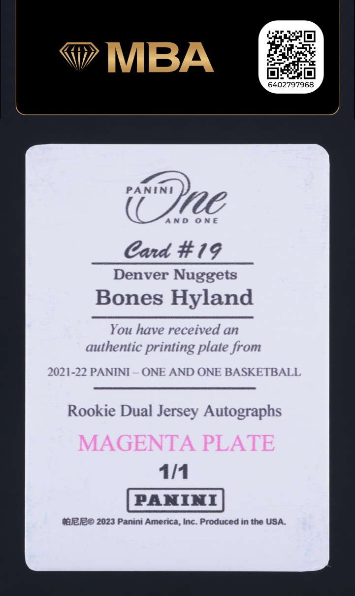 2021 Panini One And One Printing Plate Magenta Bones Hyland RC 1/1 #19 MBA AUTH
