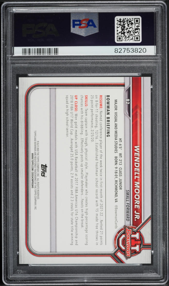 2021 Bowman University Wendell Moore Jr. ROOKIE #82 PSA 10 GEM MINT